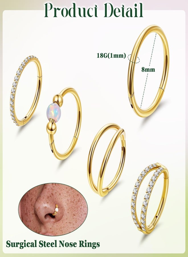 LOREMOW 5PCS 18G Clicker Nose Ring Hoops for Women Men Hinged Double Cartilage Nose Hoop Surgical Steel Tragus Helix Rook Opal CZ Septum Lip Ring Hoop Earrings Nose Piercing Jewelry Gold 8MM - Image 2
